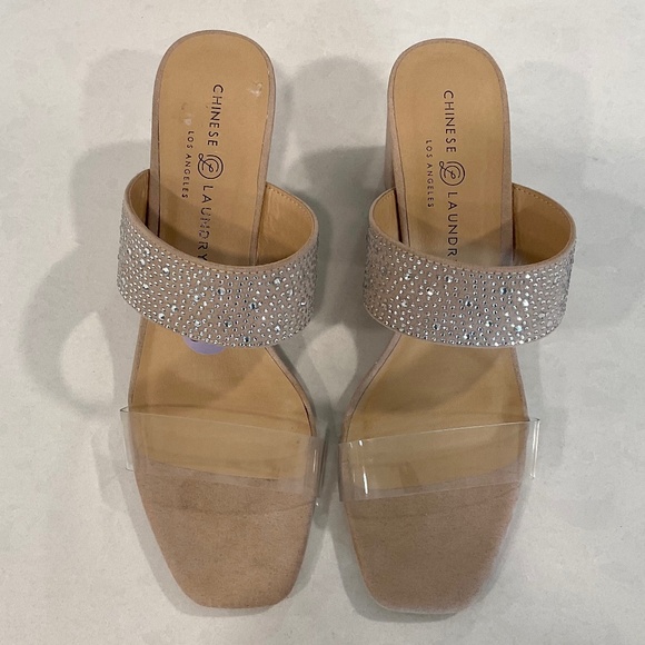 CHINESE LAUNDRY Double Strap Rhinestone Clear Heels Size 8.5 - Picture 3 of 4